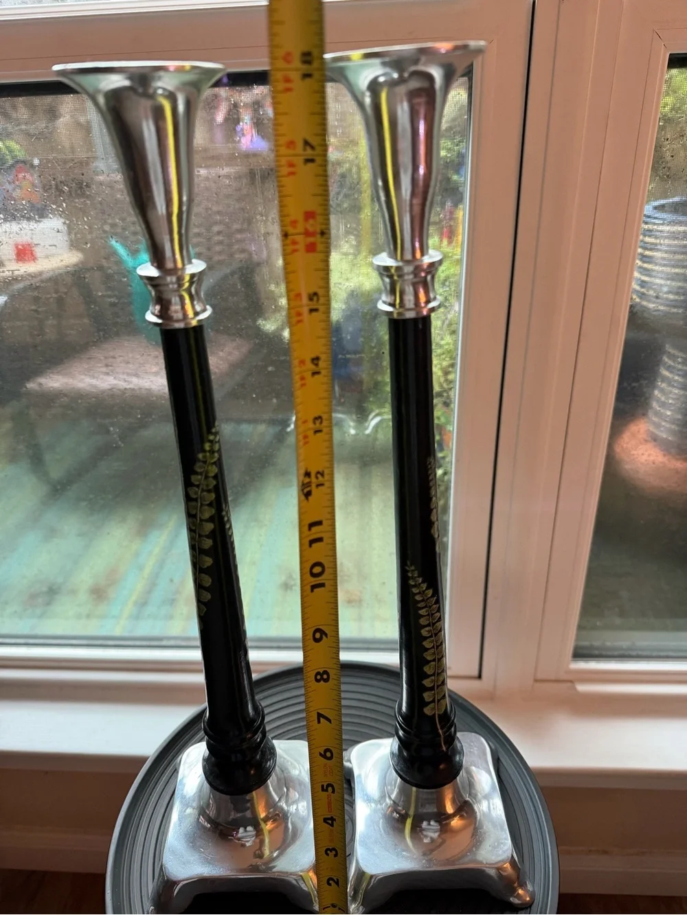 Pair of Tall Silver and Black Candle Stick Holders with Hand Painted Botanicals